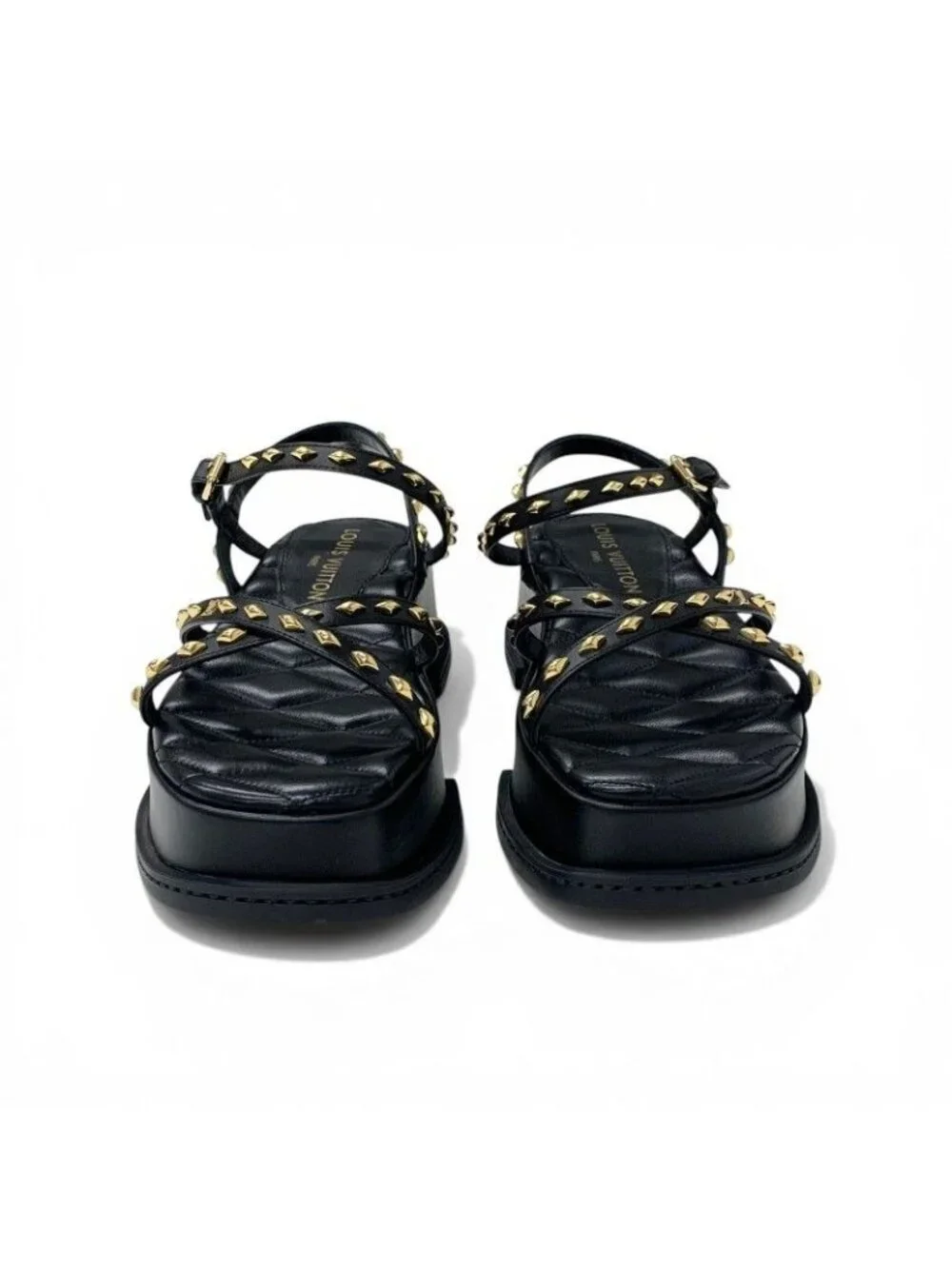 Louis Vuitton Maya Line Sandals Shoes Leather Black Gold LV Logo Studs Strap